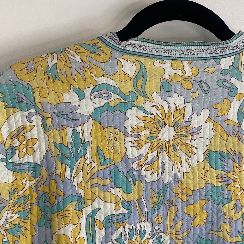 Floral Quilted Jacket Reversible Yellow Blue Cotton Made in India Medium - Picture 5 of 9